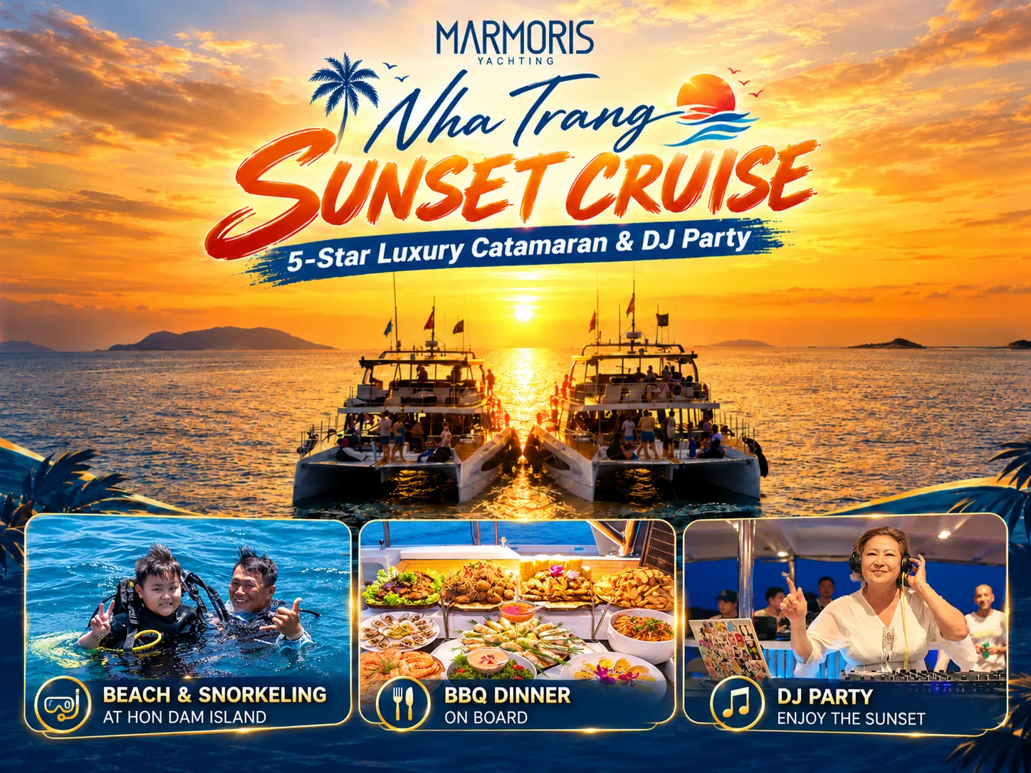 Marmoris luxury sunset catamaran cruise in Nha Trang Bay.