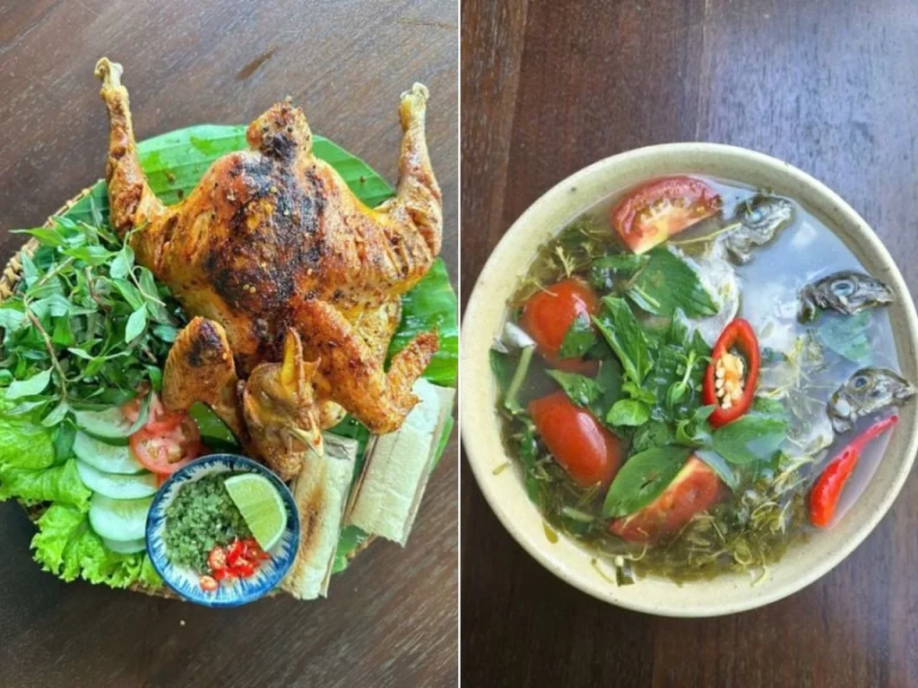Delicious local Vietnamese lunch and refreshing beverages served at Ba Ho eco-tourism park lakeside restaurant