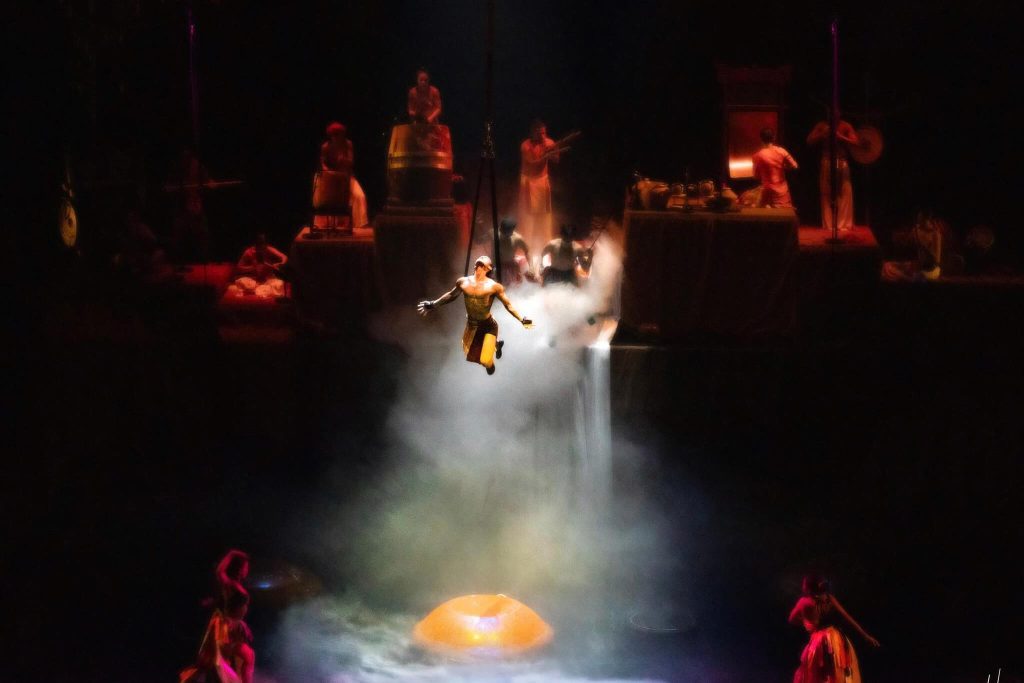 Performers executing breathless aerial silks and rope stunts without safety harness during Chum Show