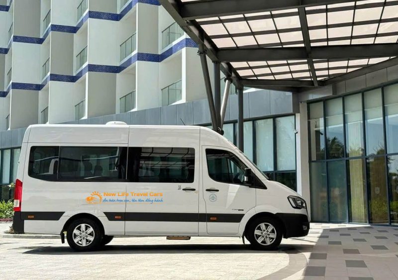 Modern 16-seater Ford Transit van ready for 2-day 1-night private group tour across Nha Trang and coastal attractions