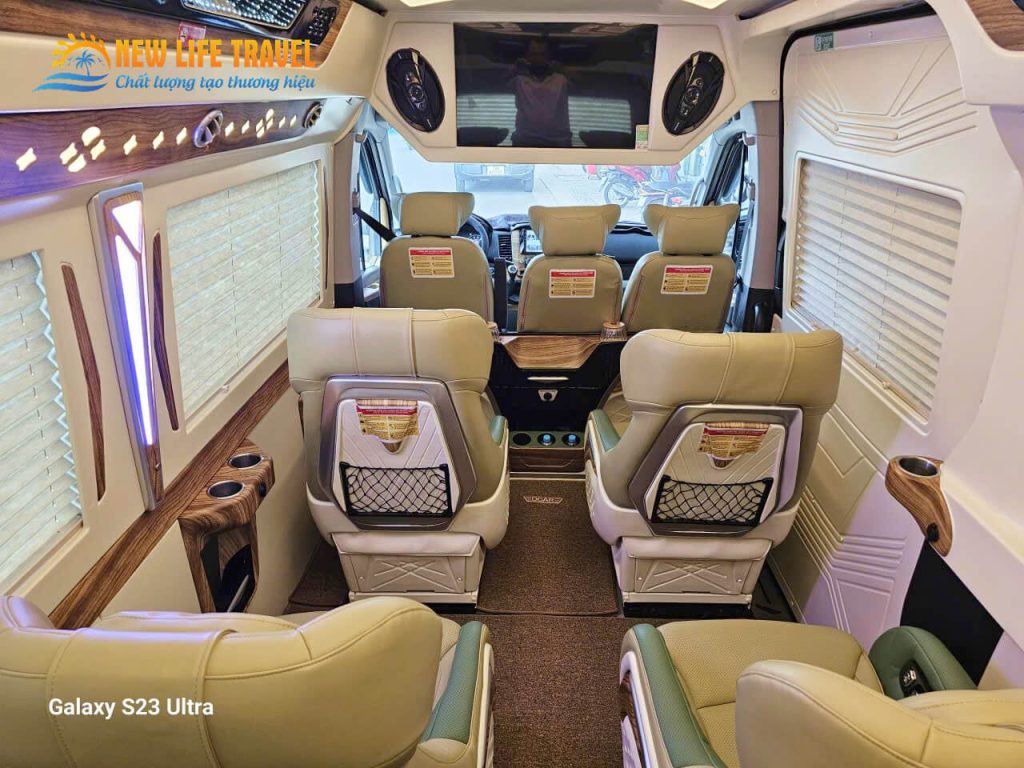 Executive leather interior with massage captain seats in 9-seater limousine for Nha Trang to Diep Son island transfer